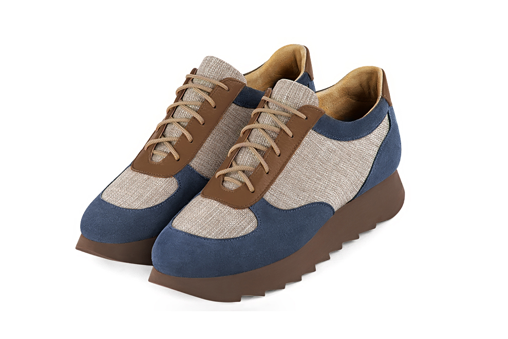 Denim blue, natural beige and caramel brown women's three-tone elegant sneakers. Round toe. Low rubber soles. Front view - Florence KOOIJMAN